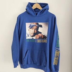Cross Colours x Tupac Shakurt Hoodie Mens Large Blue Sweatshirt Hip Hop Rap Y2K